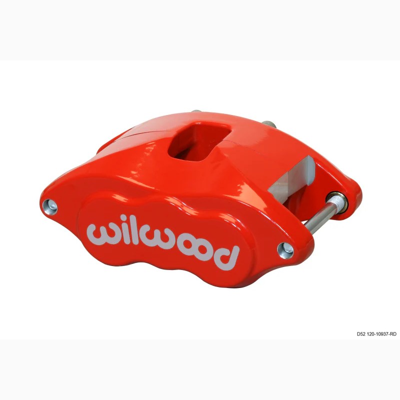 Red Wilwood D52 forged aluminum 2-piston brake caliper with dual 2.00-inch stainless steel pistons for 1.04-inch rotors.
