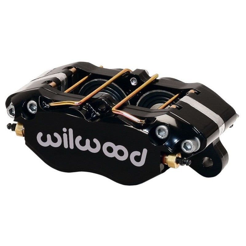 Black Wilwood Dynapro Dust-Boot lug mount brake caliper with clear anodized pistons for 1.00 inch thick rotors.