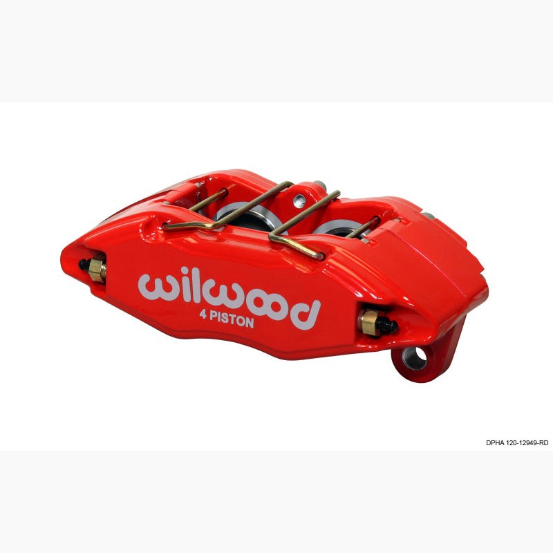 Wilwood Forged DPHA 4-piston brake caliper in red powder coat with 1.62 inch stainless steel pistons.