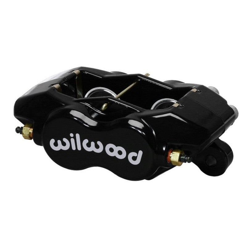 Black Wilwood Forged Dynalite 4-piston brake caliper for 0.81-inch rotors with 1.75-inch pistons.