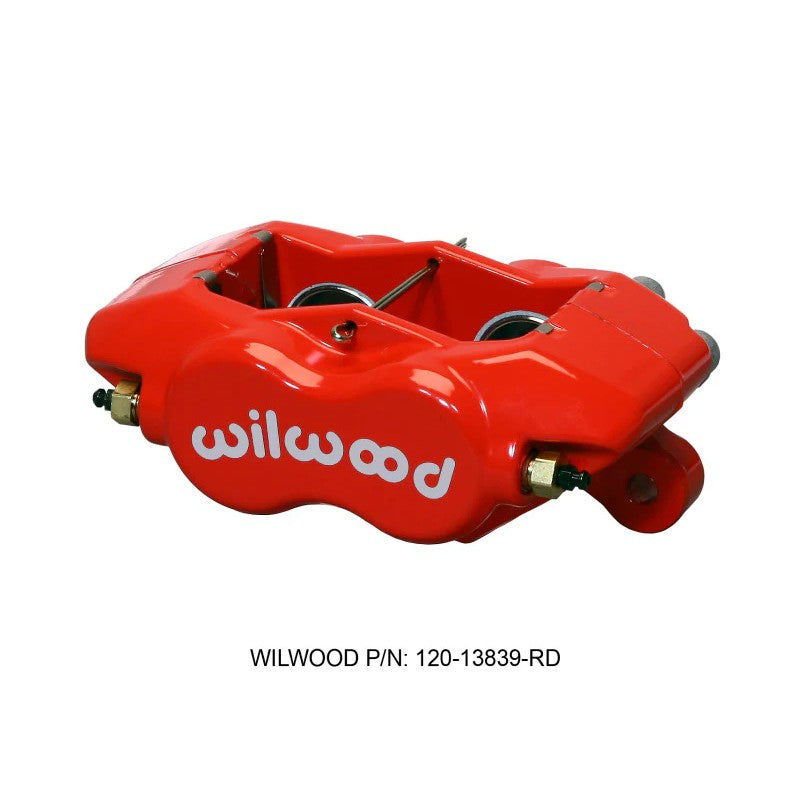 Red Wilwood Forged Dynalite 4-piston brake caliper featuring a spacer-less billet aluminum body and 1.38-inch pistons.