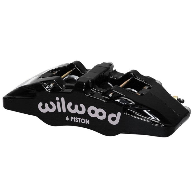 Gloss black Wilwood Forged Dynapro 6 DP6A six-piston brake caliper for 5.25-inch lug mounts.