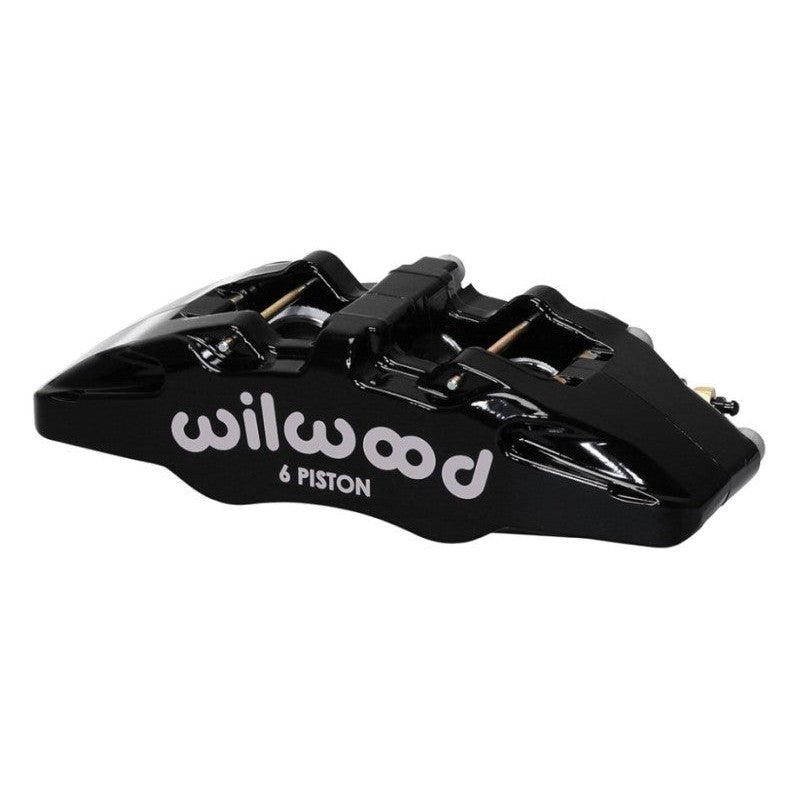 Gloss black Wilwood Forged DynaPro 6 DP6A 6-piston brake caliper with 5.25-inch lug mount.
