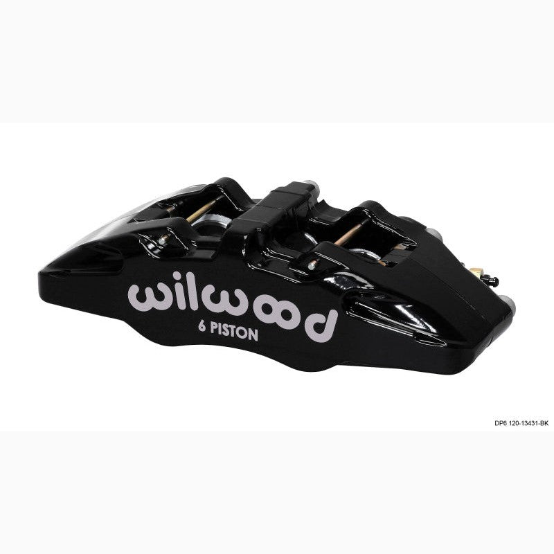 Left-hand Wilwood Forged DynaPro DP6A 6-piston brake caliper in gloss black with 5.25-inch lug mount