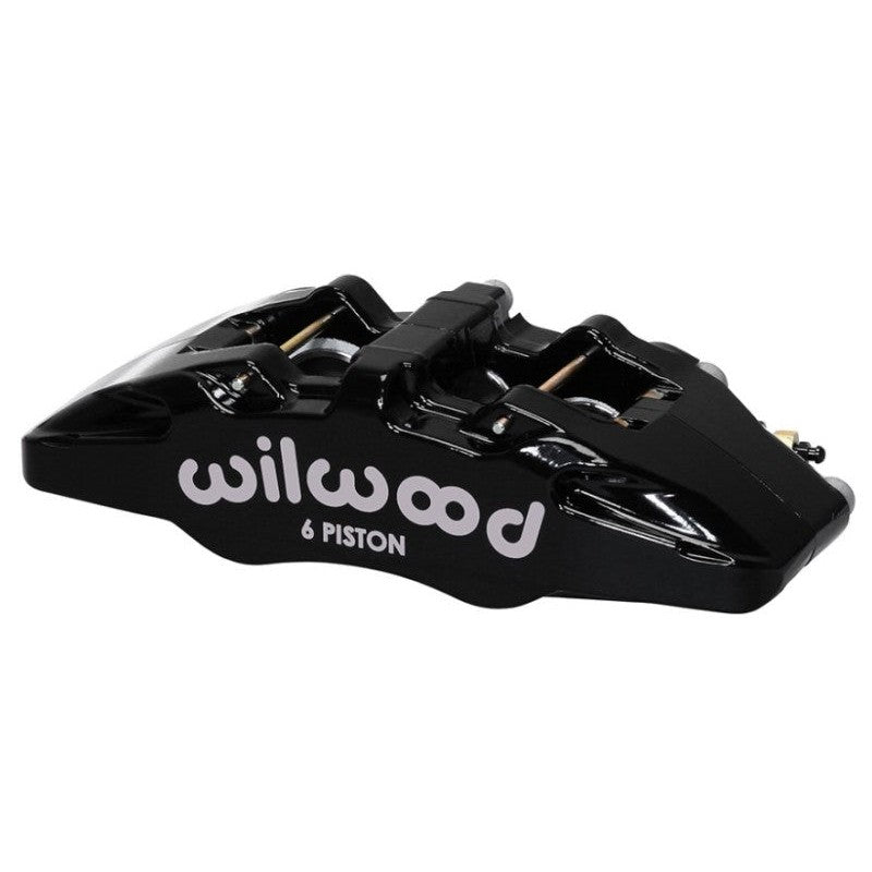 Right hand black powder coated Wilwood DynaPro 6 forged aluminum 6-piston brake caliper with stainless steel pistons.