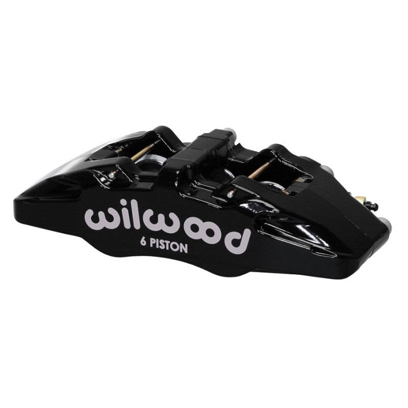 Right hand Wilwood DynaPro 6 DP6A forged aluminum 6-piston brake caliper in black with 5.25-inch lug mount.