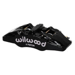 Right hand Wilwood DynaPro 6 DP6A forged aluminum 6-piston brake caliper in black with 5.25-inch lug mount.