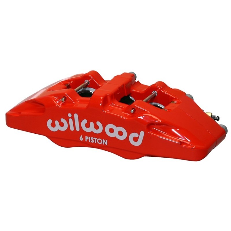 Red Wilwood DynaPro DP6A forged 6-piston lug mount caliper with triple bridge construction and stainless pistons.