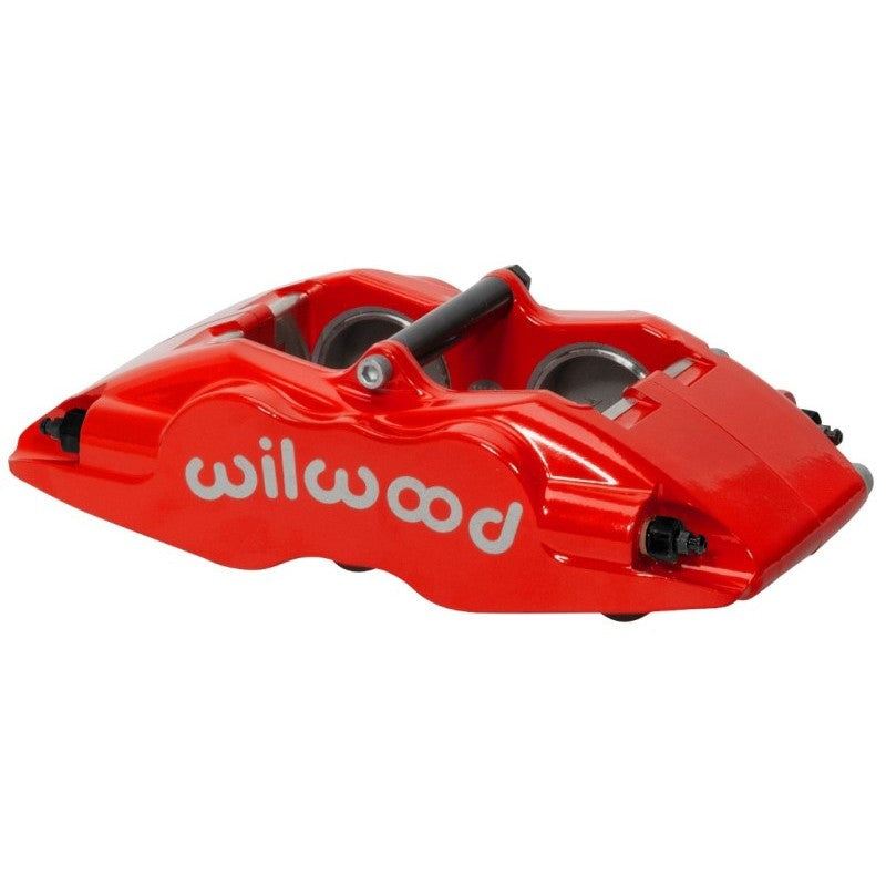 Red Wilwood Forged Superlite FSLI brake caliper with four 1.38 inch pistons for 1.25 inch rotors.