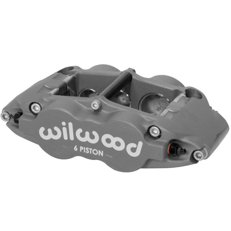Wilwood Forged Superlite 6R six-piston brake caliper with 1.62 inch and 1.12 inch differential bore pistons.
