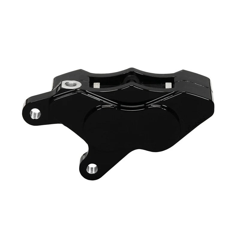 Wilwood GP310 black anodized billet aluminum 4-piston front left brake caliper for Harley-Davidson motorcycles.