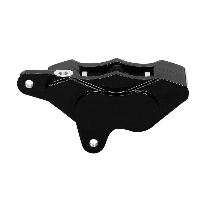 Wilwood GP310 black 4-piston front left motorcycle brake caliper for 1.25 inch pistons and 0.25 inch discs.