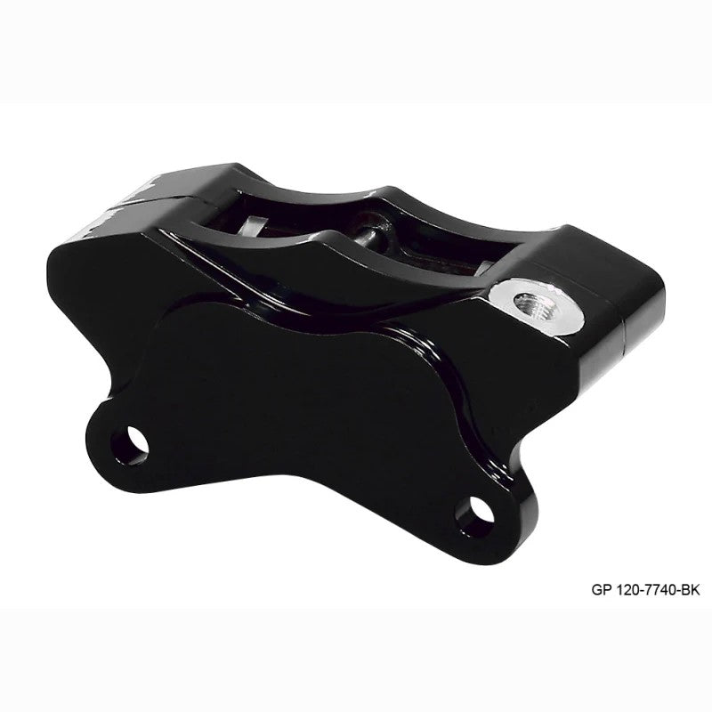 Black billet aluminum Wilwood GP310 4-piston rear motorcycle brake caliper with 1.25-inch pistons