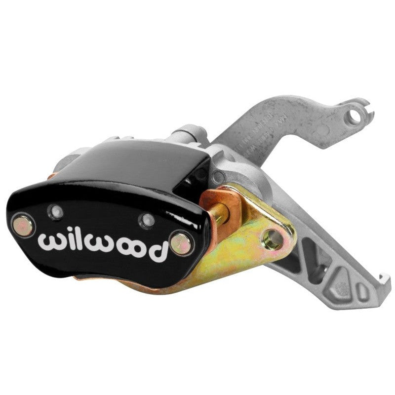 Right hand Wilwood MC4 mechanical parking brake caliper in black finish with 1.19 inch piston and Wilwood logo
