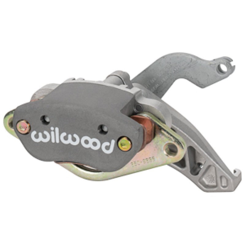 Right hand Wilwood MC4 mechanical parking brake caliper in grey finish with 1.11 inch piston and Wilwood logo