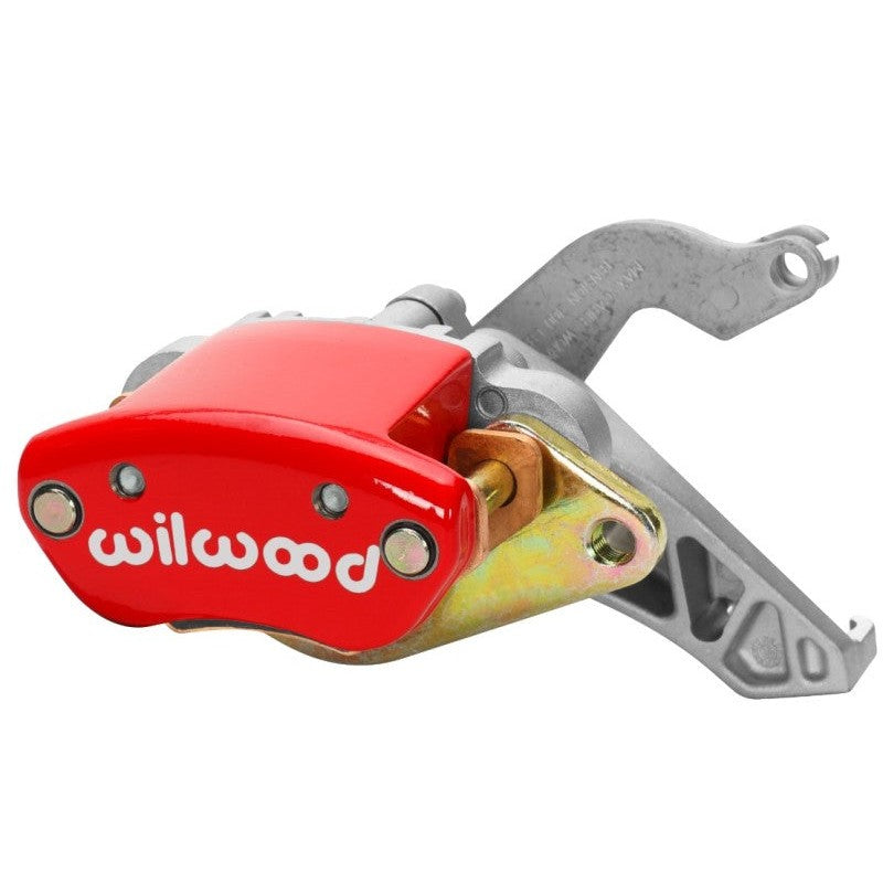 Right-hand red Wilwood MC4 mechanical parking brake caliper featuring a 1.19-inch piston and Wilwood logo.