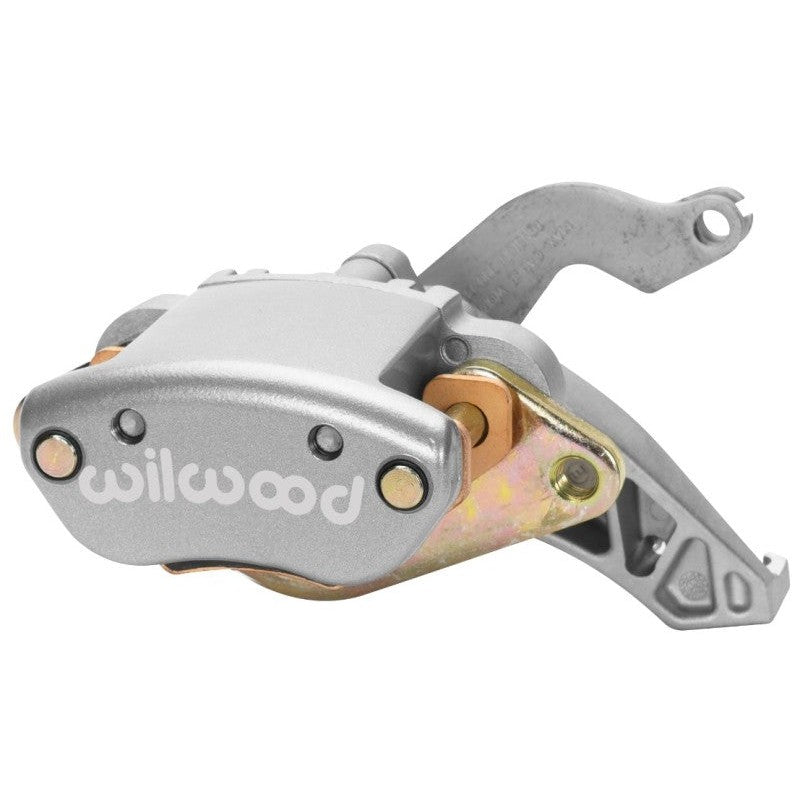 Right hand silver Wilwood MC4 mechanical parking brake caliper showing the 1.19 inch piston and forged billet anvil.