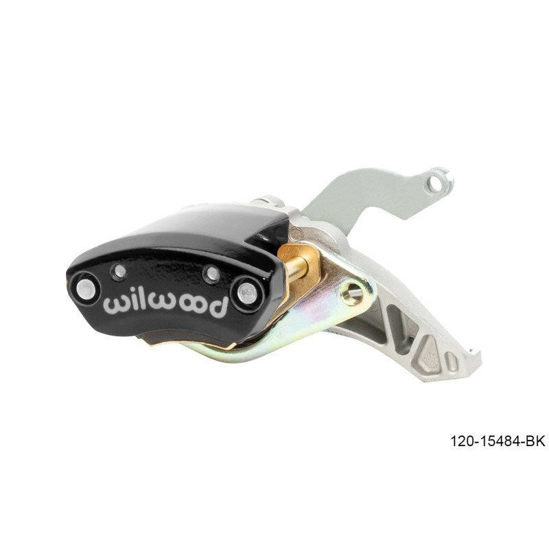 Wilwood MC4 mechanical parking brake caliper in black powder coat with 1.19-inch piston and cable return spring.