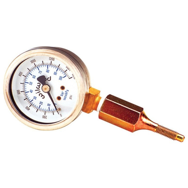 Wilwood 2-inch analog brake caliper pressure gauge with 0-1500 PSI non-hazing white face and black housing.