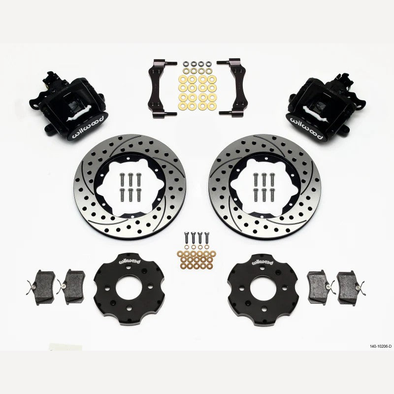 Wilwood 11-inch drilled rear big brake kit with black CPB calipers and aluminum hats for Acura Integra and Honda Civic.