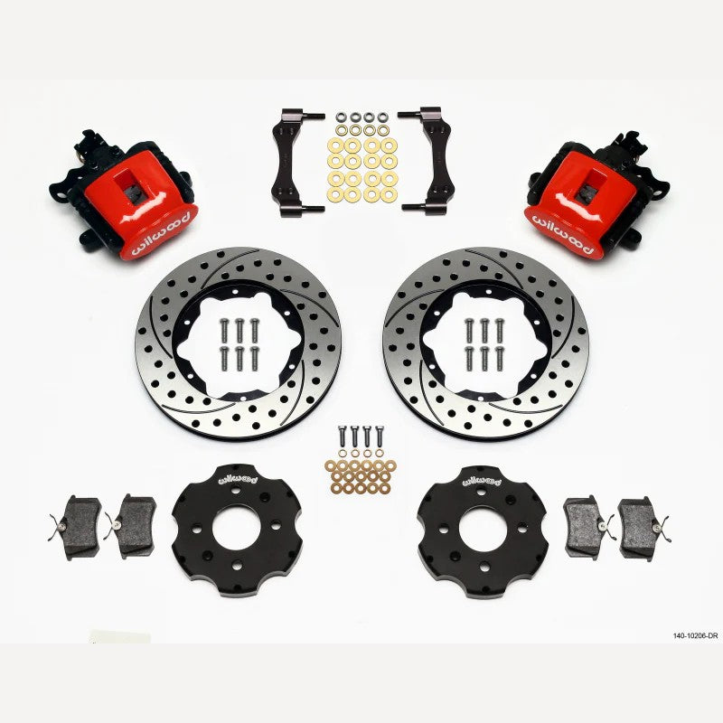 Wilwood CPB rear brake kit featuring red calipers and 11-inch drilled rotors for 1990-2001 Acura and Honda models.