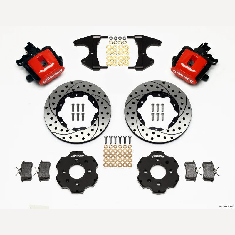 Wilwood CPB rear brake kit featuring red calipers and 11-inch drilled two-piece rotors for 1992-2000 Honda Civic.