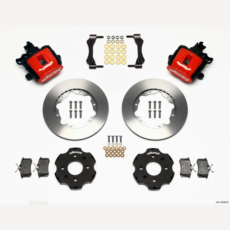 Red Wilwood CPB calipers and 11-inch two-piece rotors with aluminum hats and BP-10 pads.