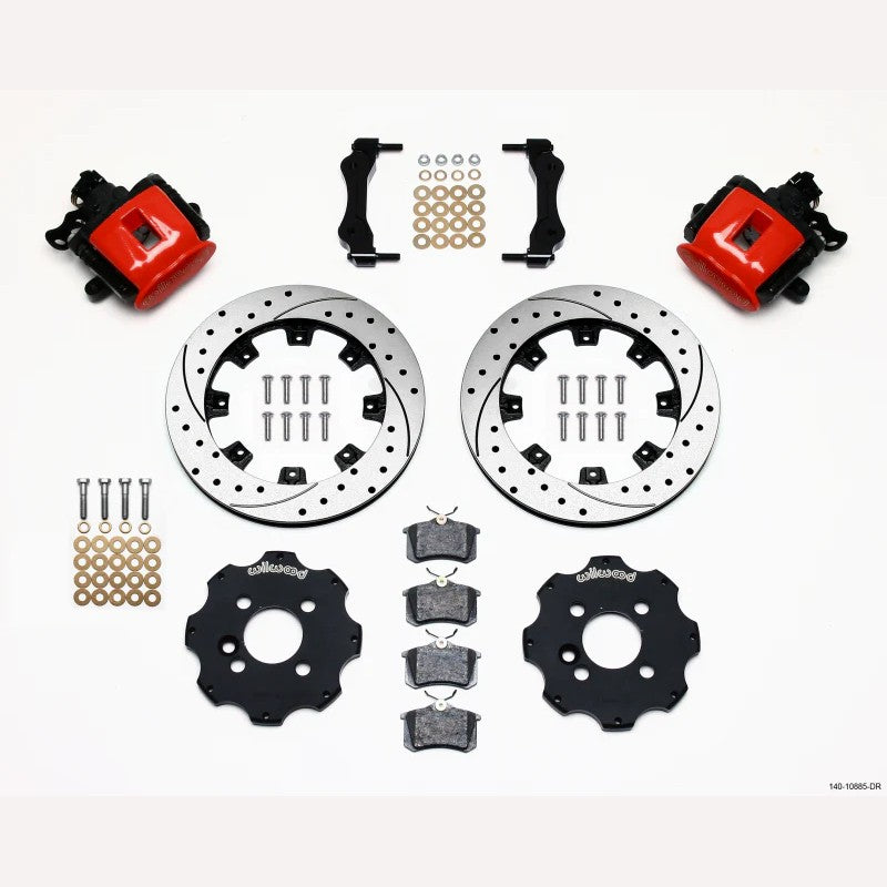 Wilwood CPB rear brake kit with red calipers and 11.75 inch drilled two-piece rotors for 2007-2015 Mini Cooper.