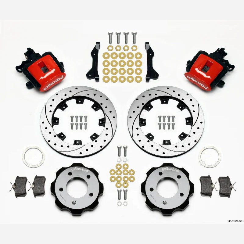 Wilwood red combination parking brake calipers and 12.19-inch drilled rotors for 2006-2015 Honda Civic Si