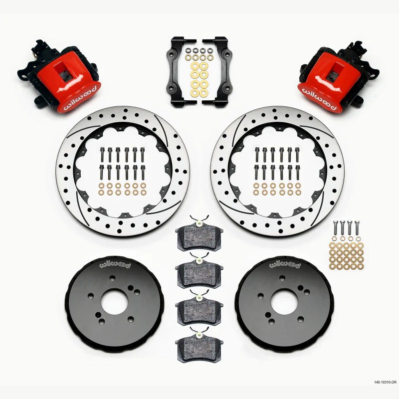 Wilwood CPB rear brake kit featuring red calipers, 12.88-inch drilled rotors, aluminum hats, and BP-10 pads.