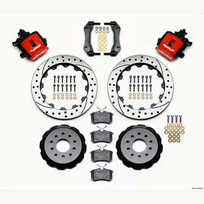 Wilwood CPB rear brake kit with red calipers and 12.88-inch drilled two-piece rotors for 1994-2004 Mustang.