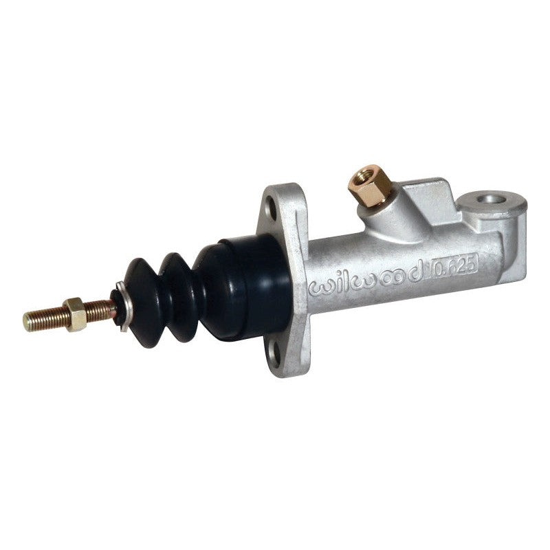 Wilwood silver aluminum compact remote master cylinder with .625 inch bore and threaded pushrod.