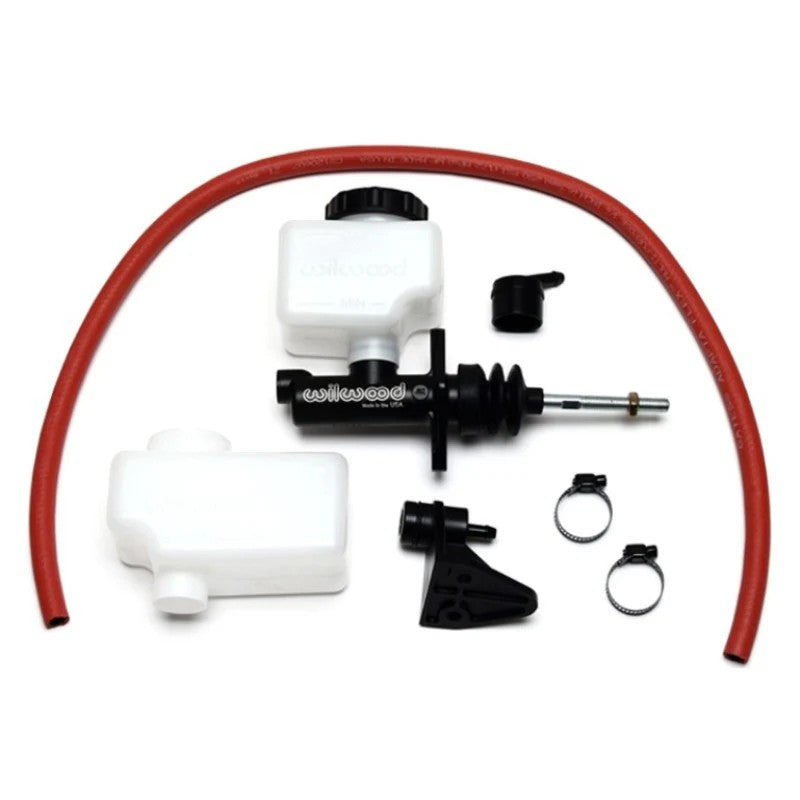 Wilwood black E-coated aluminum compact master cylinder with 15/16 inch bore and remote reservoir assembly