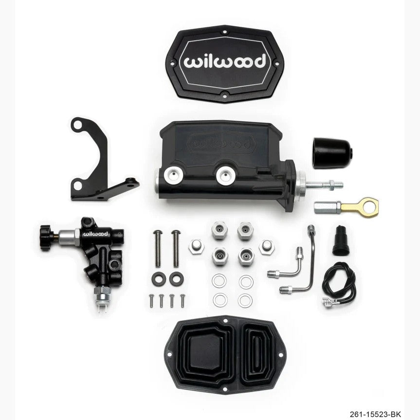 Wilwood black tandem master cylinder with 15/16 inch bore, integrated proportioning valve, and mounting bracket.