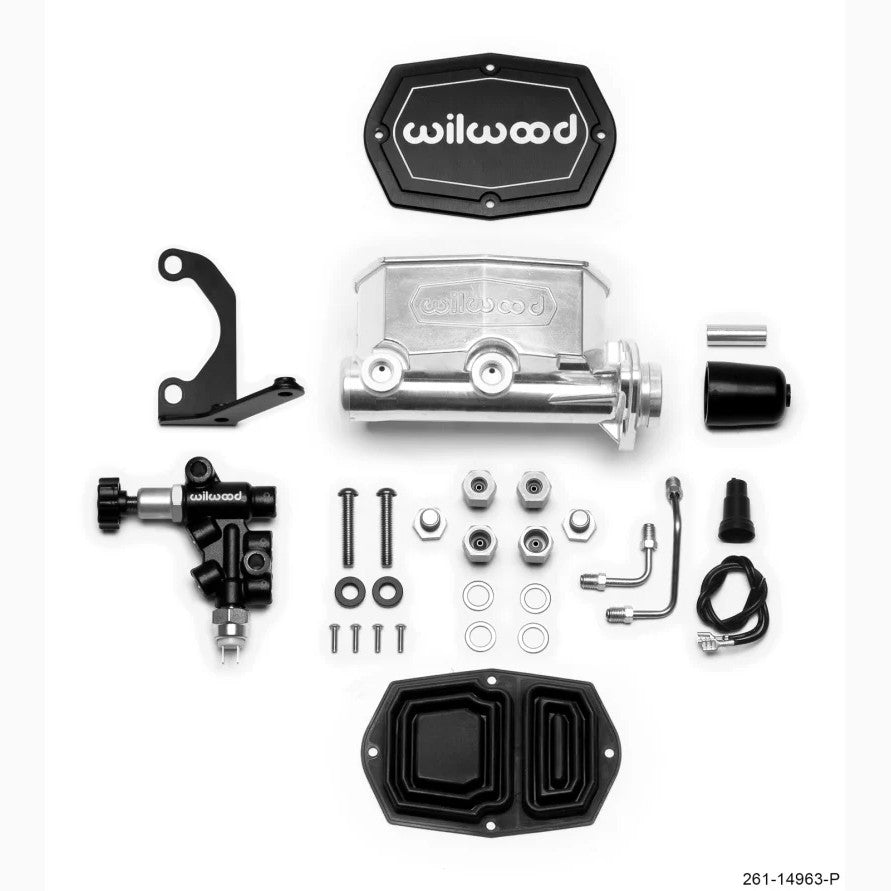 Ball burnished Wilwood compact tandem master cylinder with 1 inch bore, mounting bracket, and proportioning valve