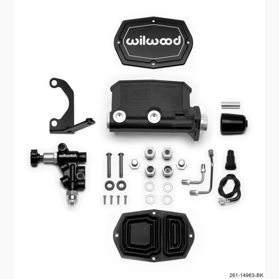 Wilwood black compact tandem master cylinder kit with 1-inch bore, proportioning valve, and mounting bracket.