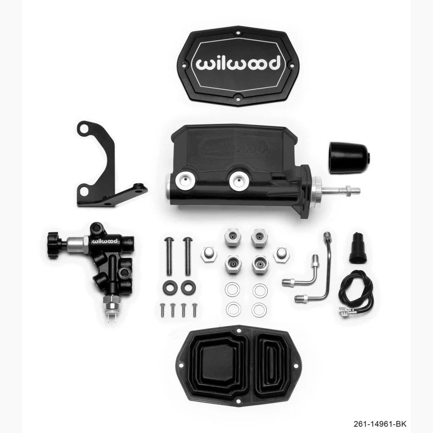Wilwood black compact tandem master cylinder with integrated proportioning valve, mounting bracket, and pushrod