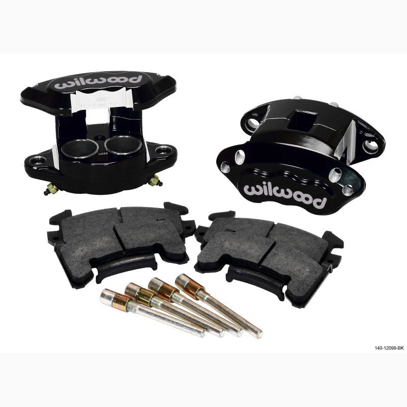 Wilwood D154 black forged aluminum dual-piston front calipers with BP-10 brake pads and hardware.
