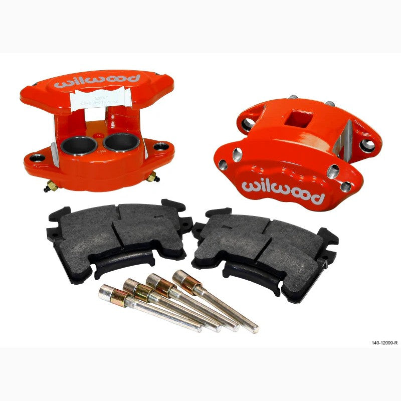 Two red powder-coated Wilwood D154 two-piston front brake calipers with BP-10 brake pads and hardened slide pins.