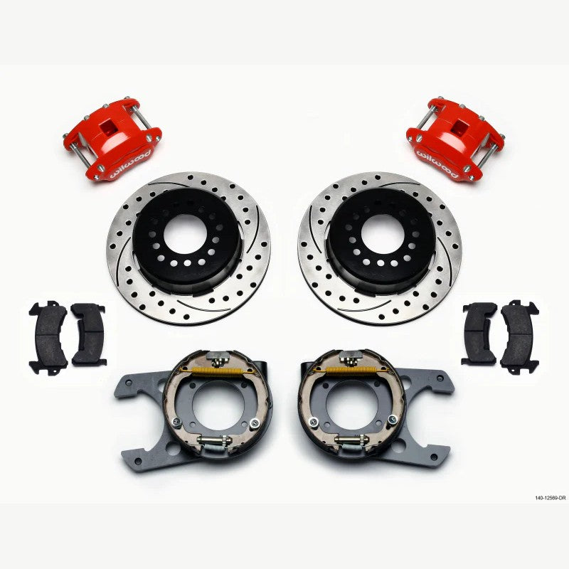 Wilwood D154 Pro-Series rear disc brake kit with red dual-piston calipers, drilled rotors, and internal parking brake.
