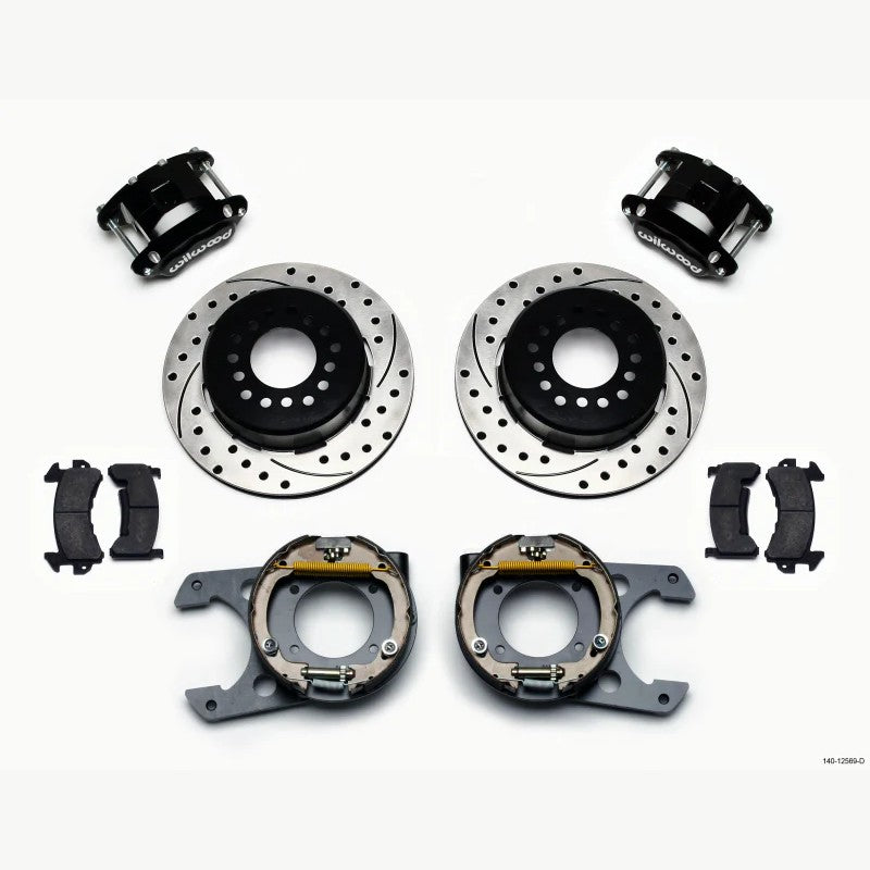 Wilwood D154 Pro-Series rear disc brake kit featuring 12.19-inch drilled rotors and forged dual-piston calipers.