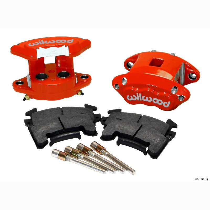 Red Wilwood D154 2-piston rear brake calipers with stainless steel pistons and BP-10 brake pads.