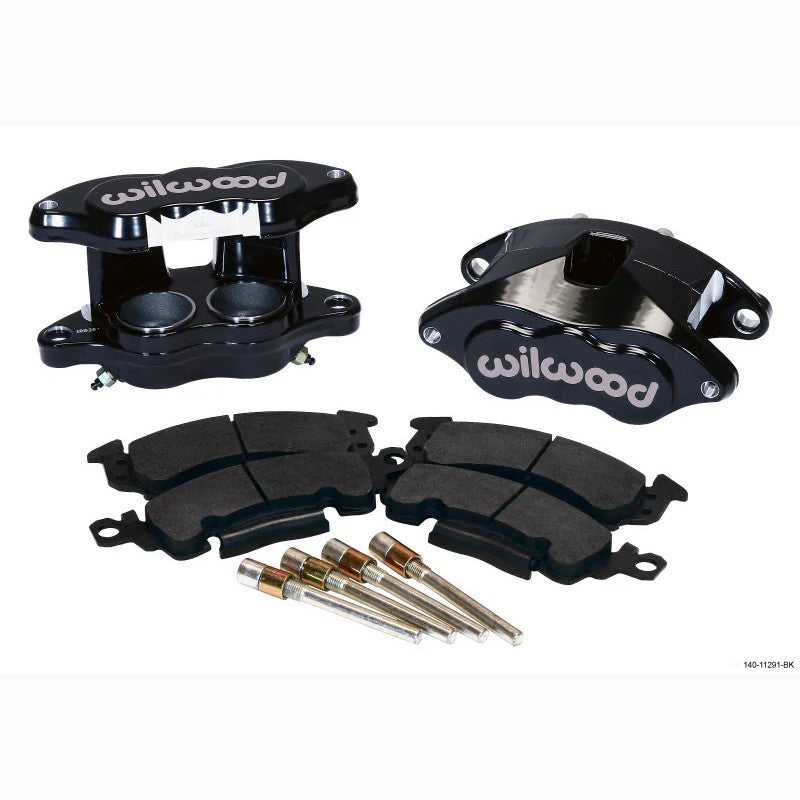 Wilwood D52 black powder coated forged aluminum dual piston front brake caliper kit with brake pads and slide pins.