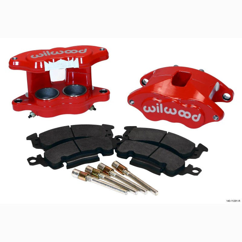 Red Wilwood D52 dual-piston front brake calipers with BP-10 brake pads and hardened slide pins.