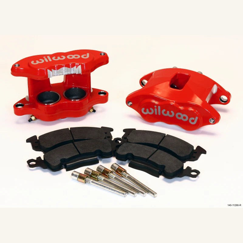 Red Wilwood D52 dual piston front brake caliper kit showing forged aluminum bodies, brake pads, and slide pins.