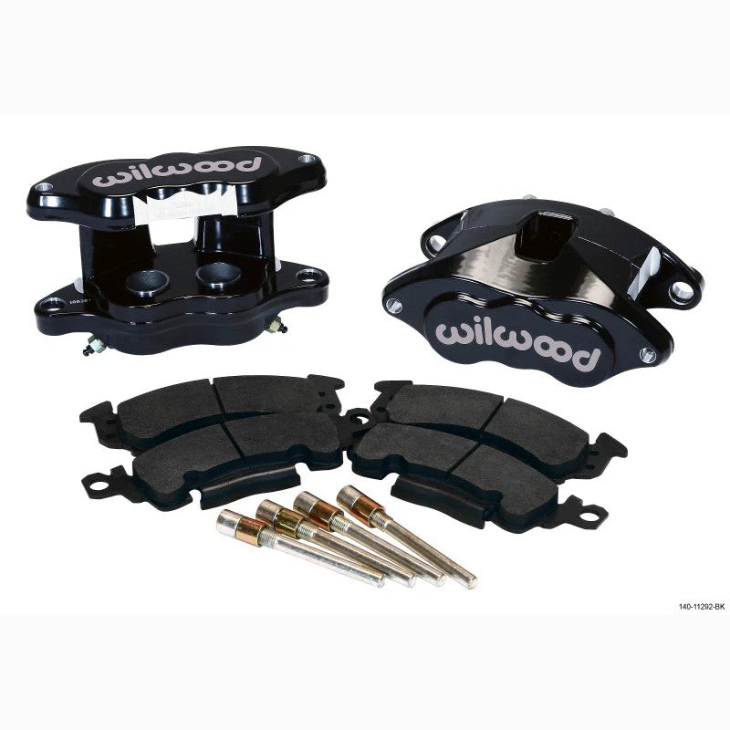 Black powder coated Wilwood D52 rear dual-piston calipers with BP-10 brake pads and hardened slide pins.