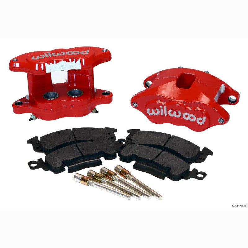 Red Wilwood D52 2-piston rear brake calipers with stainless steel pistons and BP-10 brake pads.