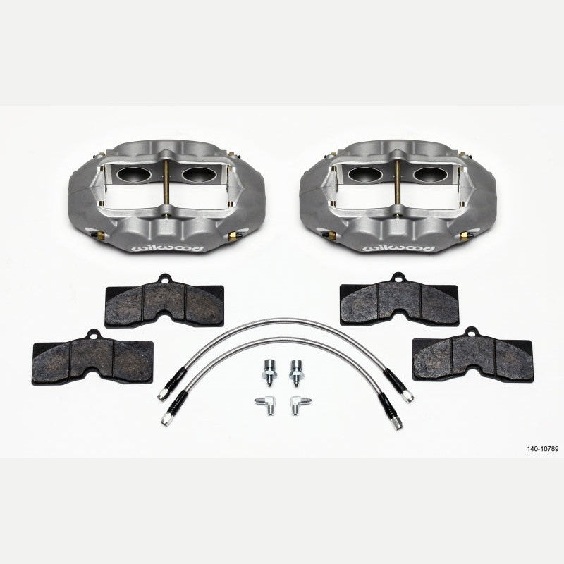 Wilwood D8-4 clear hard anodized 4-piston front brake calipers with stainless steel braided lines and brake pads.