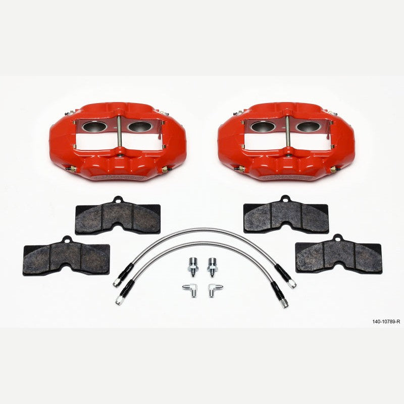 Red Wilwood D8-4 four-piston front brake calipers with stainless steel braided lines for 1970-1982 Chevrolet Corvette.