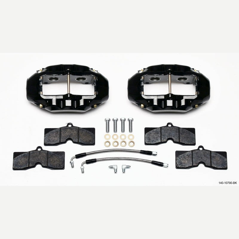 Wilwood D8-4 black forged billet aluminum 4-piston rear brake calipers with stainless steel braided brake lines.